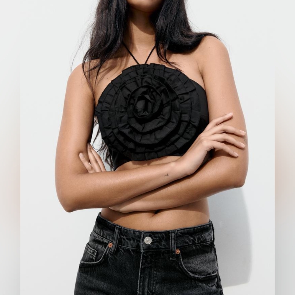 Zara Textured Flower Poplin Halter Top NWT Size L